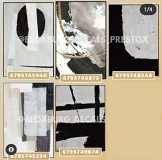 four different types of black and white paintings on canvases with numbers in each section