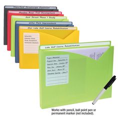 five folders in different colors and sizes with the same label on each file pocket