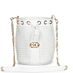 Versatile and visually stunning, the Hasley white leather bucket is an ultra luxe bag featuring an incredible two color hand woven leather upper , a padded leather handle and a detachable gold toned metal chain sling strap. The handy drawstring opening guarantees easy access. Made to be your new fashion favourite. Hang it on your shoulder to complement your blazer and pencil skirt ensemble. - White handwoven leather upper - Cotton lined with drawstring closure. - Padded leather handle with a det White Bucket Bag For Evening, Trendy White Evening Bucket Bag, Elegant White Evening Bucket Bag, Elegant White Bucket Bag For Evening, Chic Crossbody Bucket Bag, Elegant Bucket Bag With Chain Strap, White Bag With Gold Chain For Everyday Use, White Bags With Gold Chain For Everyday Use, Elegant Bucket Bag With Chain Strap Tote