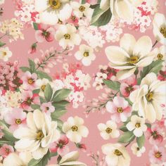 a pink background with white flowers and green leaves