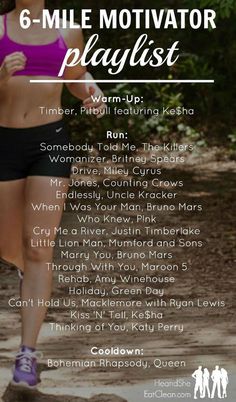 a woman running down a dirt road with the words 6 - mile motivation playlist