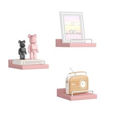 three small figurines sitting on top of wooden shelves next to a radio and an alarm clock