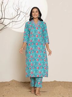 Blue Cotton Floral Print Straight Shape Kurta Trouser Set Blue Kurta, Palazzo Suit, Blue Floral Print, Womens Size Chart, Trouser Pants, Model Height, Fabric Cotton, Blue Floral, 2 Piece