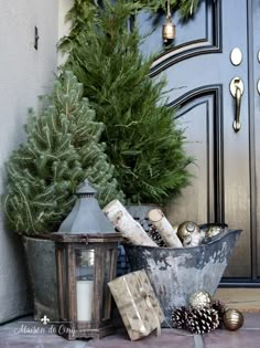 a potted christmas tree sitting next to a door