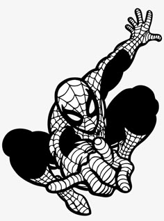 a spider man flying through the air in black and white