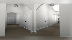 an empty hallway with white walls and wooden floors is shown in this image, there are several doors on either side of the room