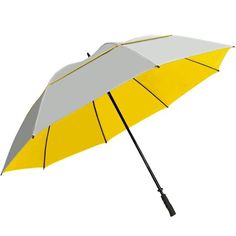 an open umbrella with yellow and white stripes on the outside, against a white background