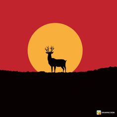 the silhouette of a deer stands in front of an orange and red sky at sunset