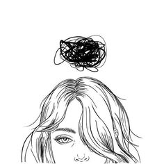 a black and white drawing of a person with a thought bubble above their head on top of his head