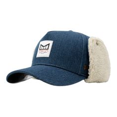 a blue hat with a white patch on it