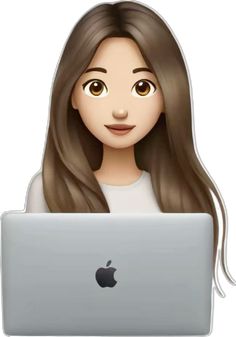 a girl with long brown hair is using a laptop and looking at the camera while wearing a white shirt