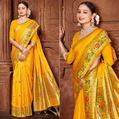 Yellow colored saree is made from paithani banarasi silk fabric which is highlighted with beautiful weaving and tassels border as shown. comes along unstitched paithani banarasi silk blouse piece which you can customise as per your design/style. Occasion - You can wear this saree for festivals, functions and ideal for any fashionista. Note:- the actual product may differ slightly in color and design from the one illustrated in the images when compared with computer or mobile screen. Traditional Yellow Saree With Meenakari, Banarasi Silk Dupatta With Latkans For Traditional Ceremonies, Yellow Paithani Silk Saree With Meenakari, Navratri Saree With Latkans, Banarasi Silk Dupatta With Latkans For Navratri, Navratri Banarasi Silk Dupatta With Latkans, Diwali Banarasi Silk Saree With Latkans, Semi-stitched Latkans Saree For Eid, Festival Banarasi Silk Saree With Latkans