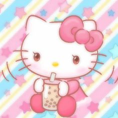 a cartoon hello kitty with a drink in her hand and stars on the wall behind it