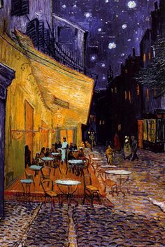 a painting of people sitting at tables in an alleyway with the night sky above them