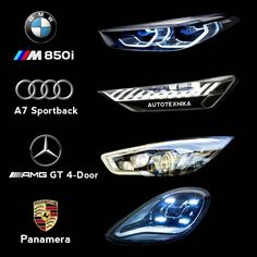 the front lights and emblems of several car models are shown in this graphic illustration