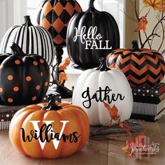 pumpkins decorated with black and white stripes, polka dots and chevroned pumpkins