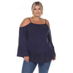 White Mark Women's Plus Size Cold Shoulder Ruffle Sleeve Top makes a fun addition to any wardrobe. This cold shoulder top features long bell sleeves with thin spaghetti straps at the shoulder. This top flows beautifully down the body with its relaxed fit and ruffled hem. White Mark Women's Plus Size Cold Shoulder Ruffle Sleeve Top looks great styled with jeans and heels for a fun and playful look. Size: 2X.  Color: Blue.  Gender: female.  Age Group: adult. Ruffle Bell Sleeve, Ruffle Sleeve Top, Puff Sleeve Crop Top, Shoulder Cut, Ruffled Sleeve Top, Plus Size Top, White Mark, Peasant Tops, Tunic Top