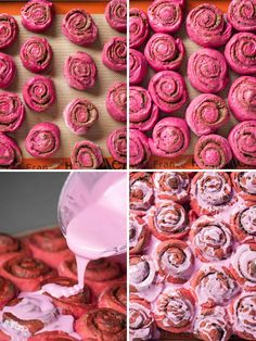 the process of making cinnamon buns with pink icing