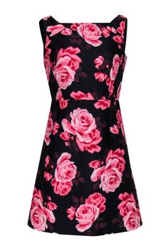 Embrace sweet simplicity with the Kate Spade Rambling Roses dress. Boasting dainty bow details and a flattering a-line silhouette, this charming number oozes feminine charm. Gorgeous roses in pink and maroon pop against the black, making this a chic choice for your next cocktail party. Pairs perfectly with pink pumps for a lovely look. Size 8 100% Polyester Lined Hidden back zip Bateau neckline A-line silhouette V-back Shoulder bow detail Bust 36" Waist 30" Shoulder to hem 36.5" Fitted A-line Dress With Rose Print, A-line Rose Print Dresses For Garden Party, Elegant Rose Print Dress, Rambling Roses, Pink And Maroon, Roses Dress, Classic Wardrobe Staples, Pink Pumps, Bateau Neckline