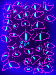 neon blue and pink graffiti on a black background with lots of small, spiky eyes