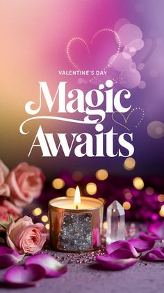 "Valentine’s Day Magic Awaits" written in an elegant white font over a vibrant gradient background of purple and pink. The scene is adorned with lit candles, soft pink rose petals, blooming roses, and crystals, creating a romantic, enchanted feel. Spell Kits, Altar Tools, Herbal Bath, Magical Gift, Modern Witch