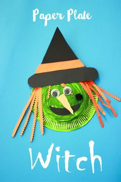 paper plate witch craft for kids on a blue background with the words, paper plate witch