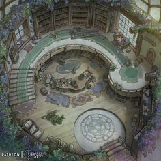 an aerial view of a library with lots of bookshelves and plants on the floor