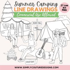 the summer camping line drawings are available for kids to color and learn how to draw