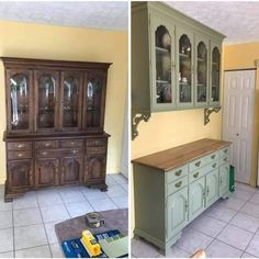 two pictures side by side of a kitchen and dining room with an old china cabinet