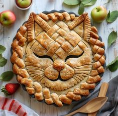 an apple pie with a cat's face made out of it and apples around it