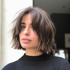 Jaw Length Choppy Bob with Wispy Bangs 1 scaled Short Bob Hairstyles Curtain Bangs, Short Hairstyle Women Short Neck, Short Jaw Length Hair, Bangs With A Bob Haircut, Two Tone Bob Hairstyles, Bob With Round Face For Women, Jaw Length Haircut, Plush Bob Haircut, Choppy Bob Round Face