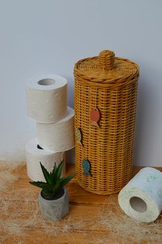 several rolls of toilet paper sitting next to a wicker basket and succulents