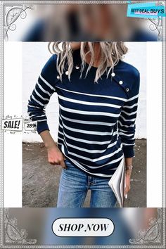 Women's T Shirt Tee Button Striped Basic Round Neck Standard Spring Navy Dark Red Black Casual Crew Neck Blouse With Button Closure, Fall Crew Neck T-shirt With Button Closure, Blue Crew Neck Blouse With Buttons, Casual Crew Neck Blouse With Buttons, Fall Crew Neck T-shirt With Buttons, Crew Neck T-shirt With Buttons For Fall, Fall Crew Neck Tops With Button Closure, Fall Tops With Button Closure And Crew Neck, Long Sleeve T-shirt With Button Closure For Fall