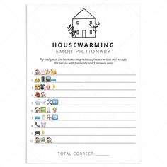 a housewarming card with icons on it