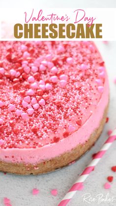 pink cheesecake with red, white, and pink nonpareils and heart sprinkles Cheesecake For Valentines Day, Pink Velvet Cheesecake, Pink Velvet Cheesecake Cake, Heart Shaped Cheesecake Valentines Day, Hot Pink Sprinkle Cake, Valentine's Sweets, Date Night At Home, Cheesecake Recipes Classic, Vanilla Cheesecake