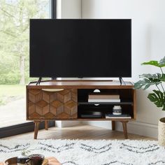 a living room with a large television on top of a wooden entertainment center next to a potted plant