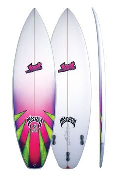 three surfboards with different colors and designs on the bottom one is white, the other is red