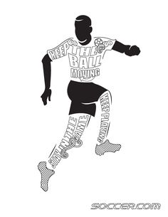 a black and white drawing of a man running with words on his body in the background