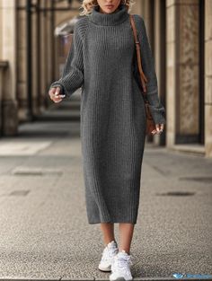 Orcajump - Long-Sleeved Knitted Turtleneck Sweater Dress for Winter, Loose Fit, Knee-Length, Perfect for Casual, Layered or Standalone Winter Knee-length Knit Sweater Dress, Oversized Knee-length Sweater Dress For Winter, Knee-length Knit Sweater Dress, Spring Solid Color Knee-length Sweater Dress, Dress For Winter, Knitted Turtleneck, Gray Long-sleeved Knitted Sweater Dress, Turtleneck Sweater Dress, Deep Gray