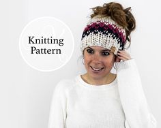 a woman wearing a knitted headband with the words knitting pattern above her face