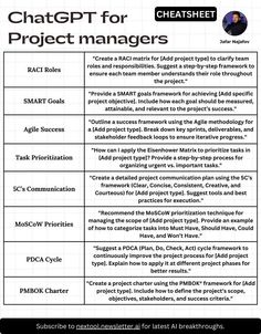 a table that has some words on it and the text below reads,'chatgt for project managers '