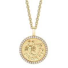 18k gold SCORPIO zodiac coin pendant with diamond frame .48cts diamonds  20" chain with loops at 18" and 16" *Custom engraving available please email info@anitako for more information.  #AKZC-SCO Diamond Initial Necklace, Initial Earrings, Diamond Frame, Scorpio Zodiac, Initial Bracelet, Bracelet Collection, Leaf Pendant, Coin Pendant, Earrings Collection