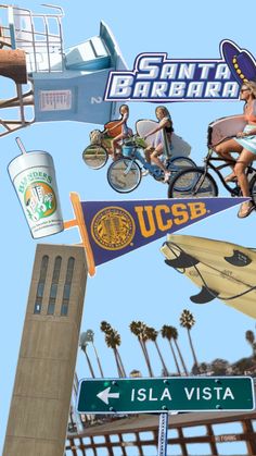 a collage of photos with people riding bikes and surfboards in the air above a street sign that reads santa barbara