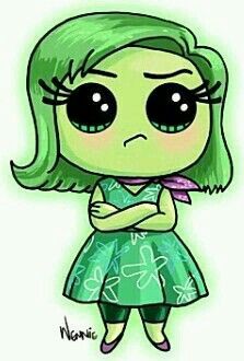 a drawing of a girl with green hair and big eyes holding a flower in her hand