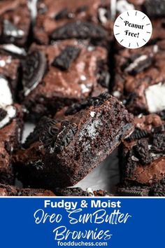 fudge and moist oreo brownies with white frosting on top are stacked together