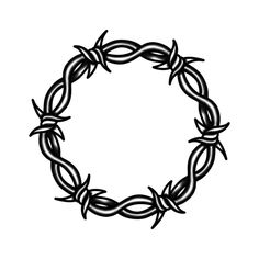 a black and white drawing of a circle made up of barbed wire on a white background