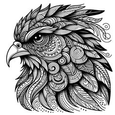 an intricate black and white drawing of a bird's head with swirly feathers