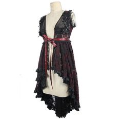 Red and Black lace has been used for this exquisite Goth dress. The predominant black is relieved with red flowers and a red faux leather belt. Leather details and lace trimmings complete the style of this asymmetrical Goth dress. 
Material:COTTON 
Color:BLACK 
Size:XS-3XL 
Sku:ETT014S02 Vampire Inspiration, Rock Style Outfits, Transparent Fabric, Rock Style Clothing, Transparent Dress, Goth Dress, Summer Inspo, Rose Lace, Full Length Dress