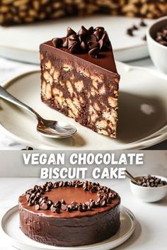 a chocolate cake on a white plate with the words vegan chocolate biscuit cake