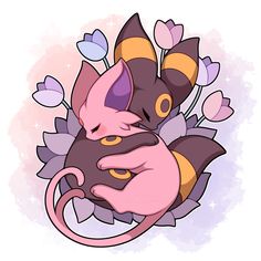 an animal with flowers on it's back and its tail curled up in the shape of a cat